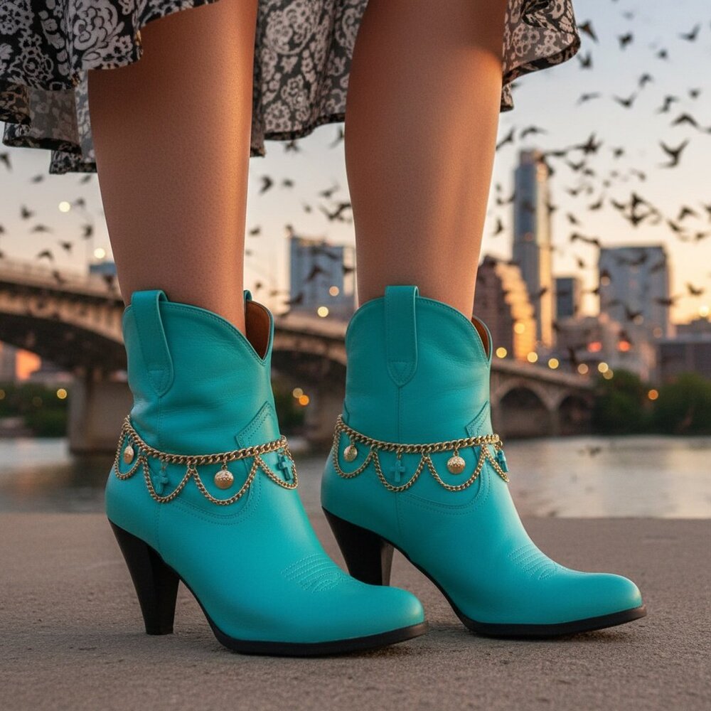 Women Gold Metal 2 Boot Chain Bracelet Shoe Turquoise Cross Charm Religious PAIR